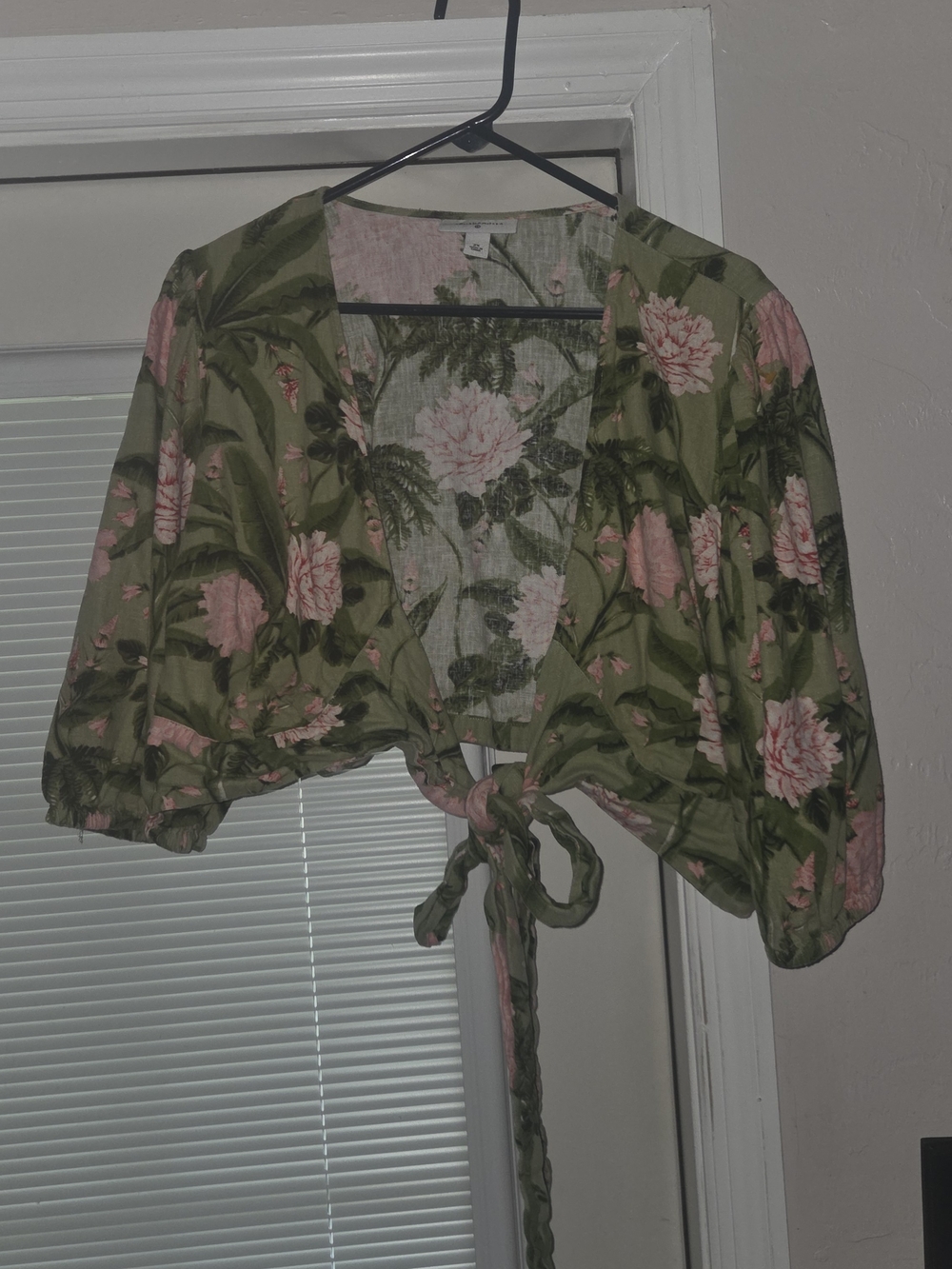 Agua Bendita Olive Green Crop Top with Pink Floral Print